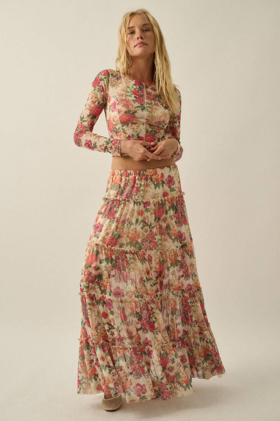 Floral-Print Mesh Princess-Seam Long-Sleeve Top