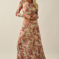 Floral-Print Mesh Princess-Seam Long-Sleeve Top