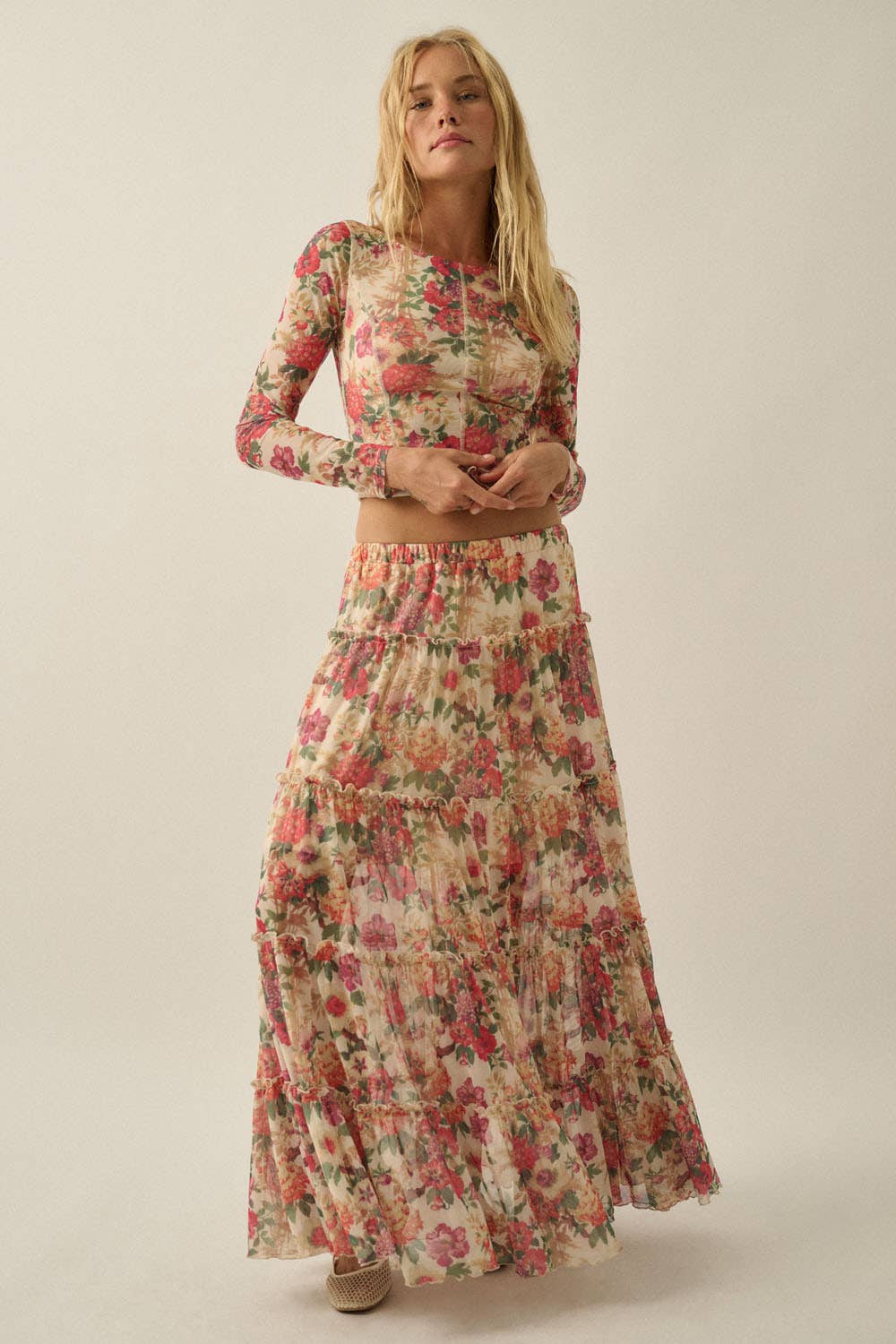 Floral-Print Mesh Princess-Seam Long-Sleeve Top