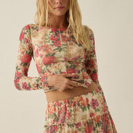 Floral-Print Mesh Princess-Seam Long-Sleeve Top Cream-Pink