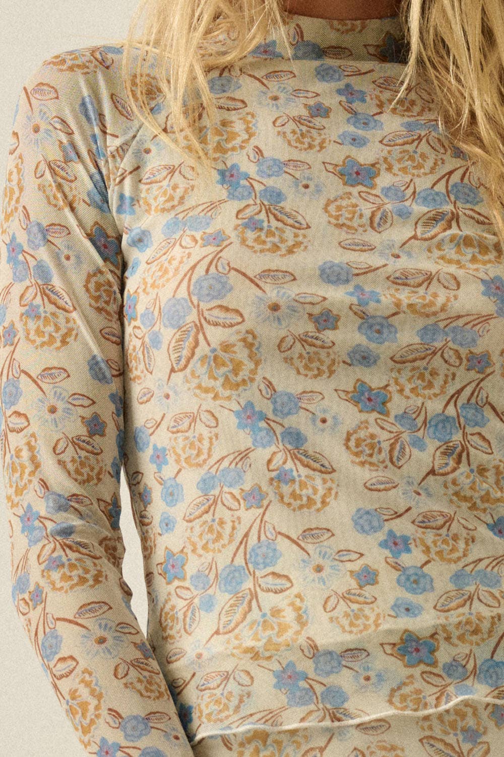 Floral Mesh Mock Neck Thumbhole Top