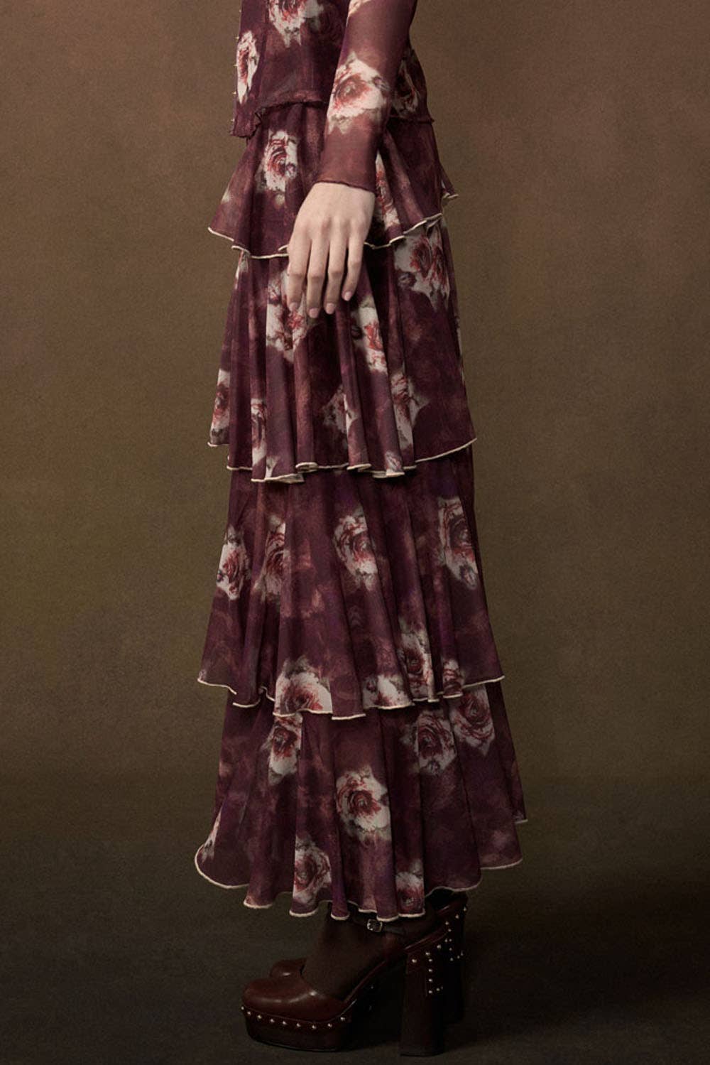 Floral-Print Mesh Side-Ruffle Tiered Maxi Skirt