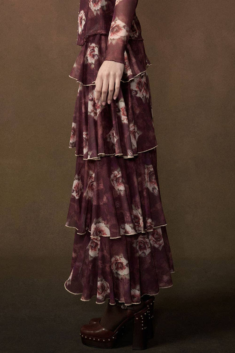 Floral-Print Mesh Side-Ruffle Tiered Maxi Skirt
