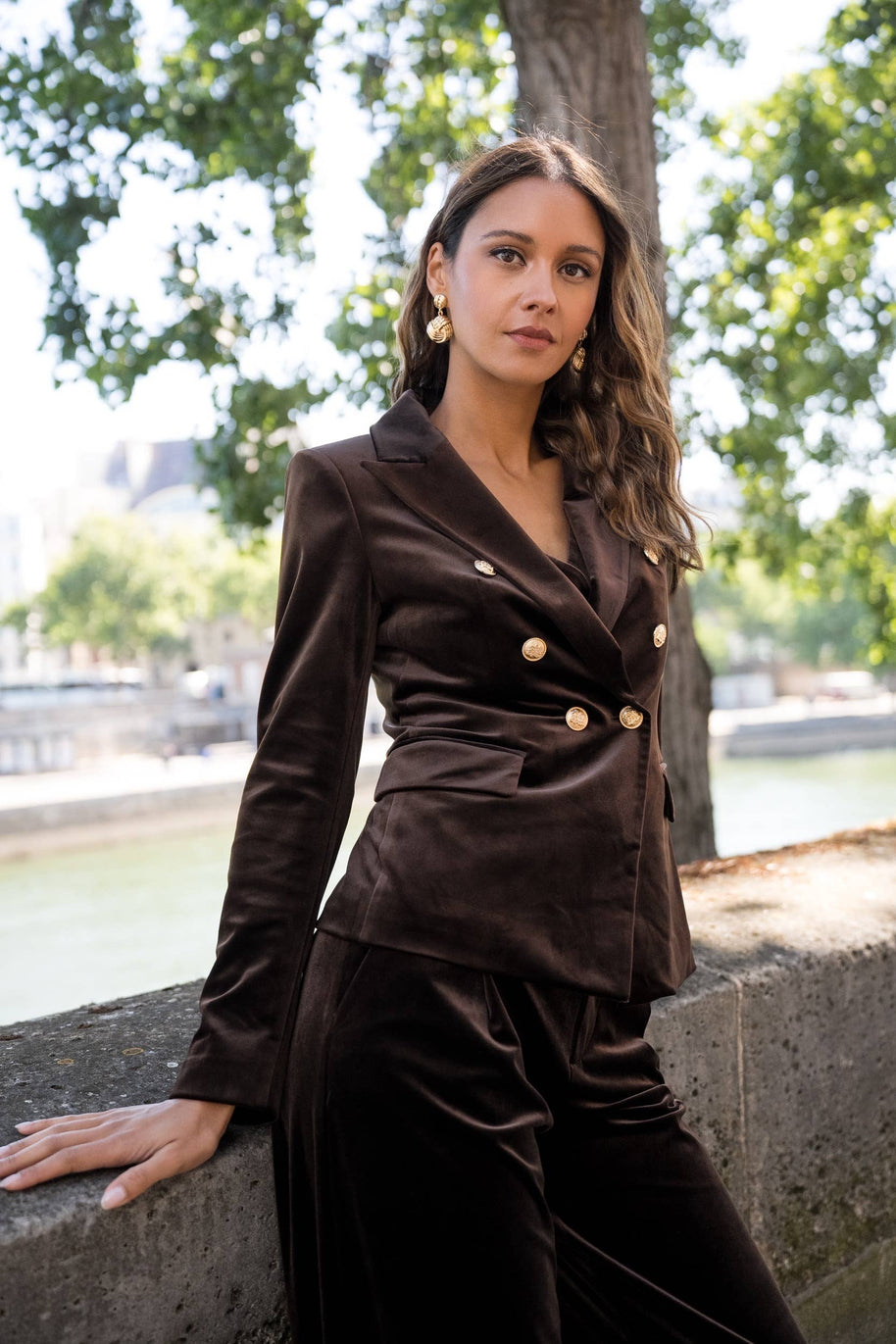 Double-breasted velvet blazer with gold buttons