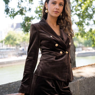 Double-breasted velvet blazer with gold buttons