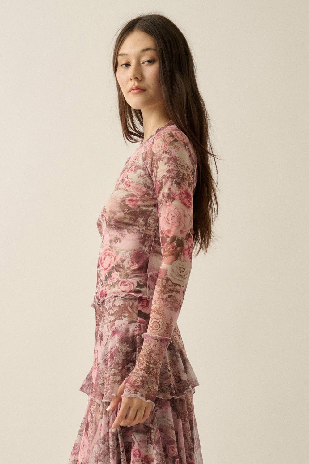 Floral-Print Mesh Round-Neck Long-Sleeve Thumbhole Top