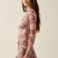 Floral-Print Mesh Round-Neck Long-Sleeve Thumbhole Top