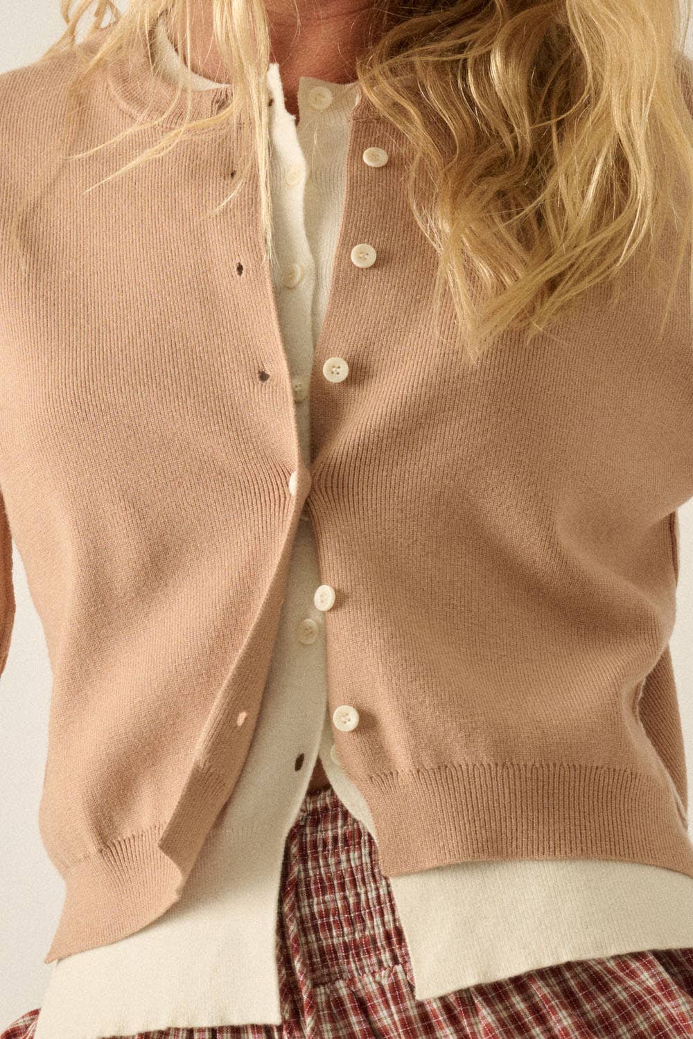 Solid Knit Two-Tone Round-Neck Button-Front Layered Cardigan