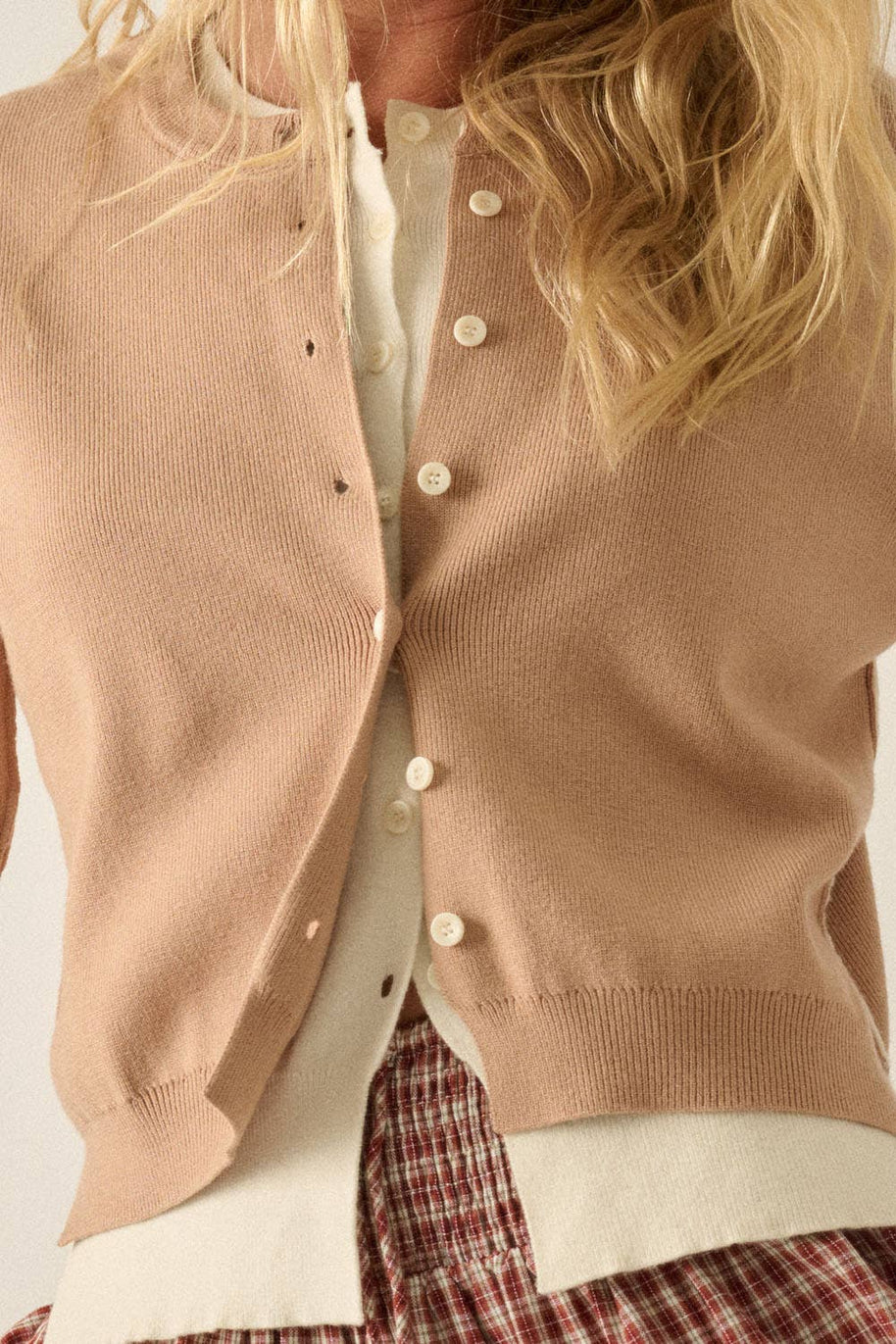 Solid Knit Two-Tone Round-Neck Button-Front Layered Cardigan
