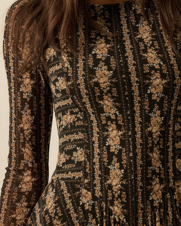 Floral Mesh Drop-Waist Midi Dress