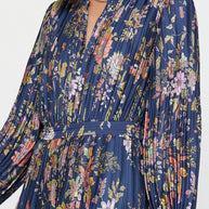 Floral Printed Pleated Long Dress L Navy Mlt