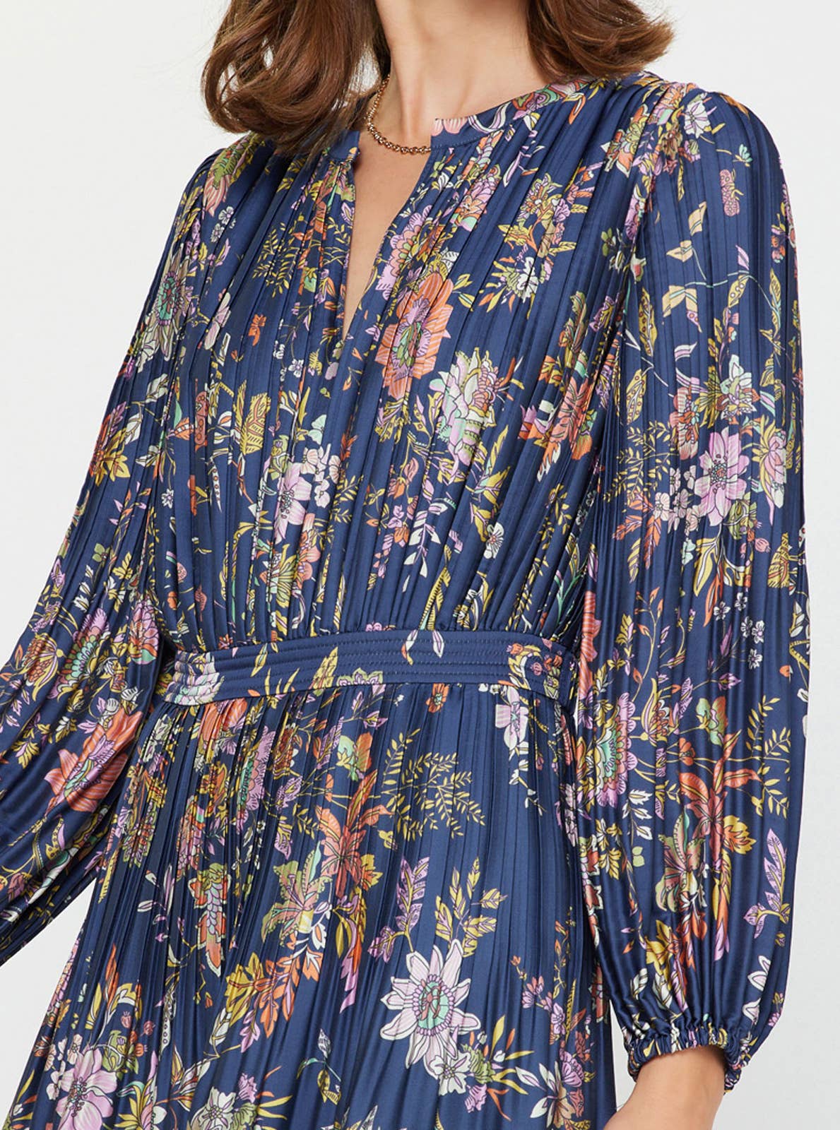 Floral Printed Pleated Long Dress L Navy Mlt