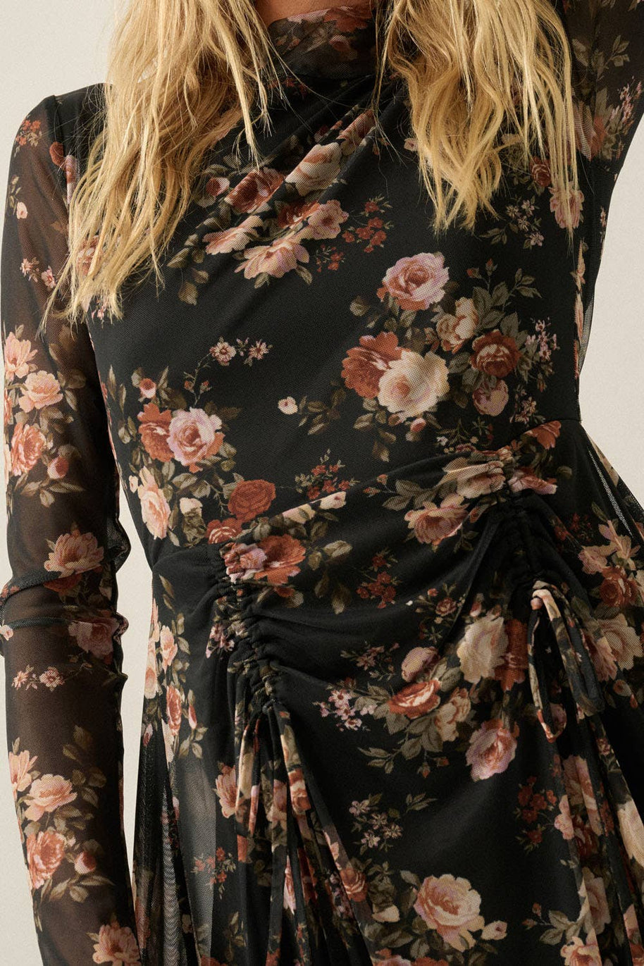 Floral-Print Mesh Long-Sleeve Drawstring-Skirt Maxi Dress