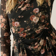 Floral-Print Mesh Long-Sleeve Drawstring-Skirt Maxi Dress