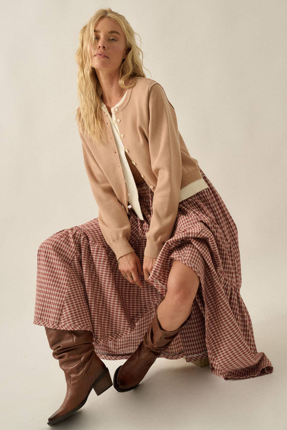 Solid Knit Two-Tone Round-Neck Button-Front Layered Cardigan