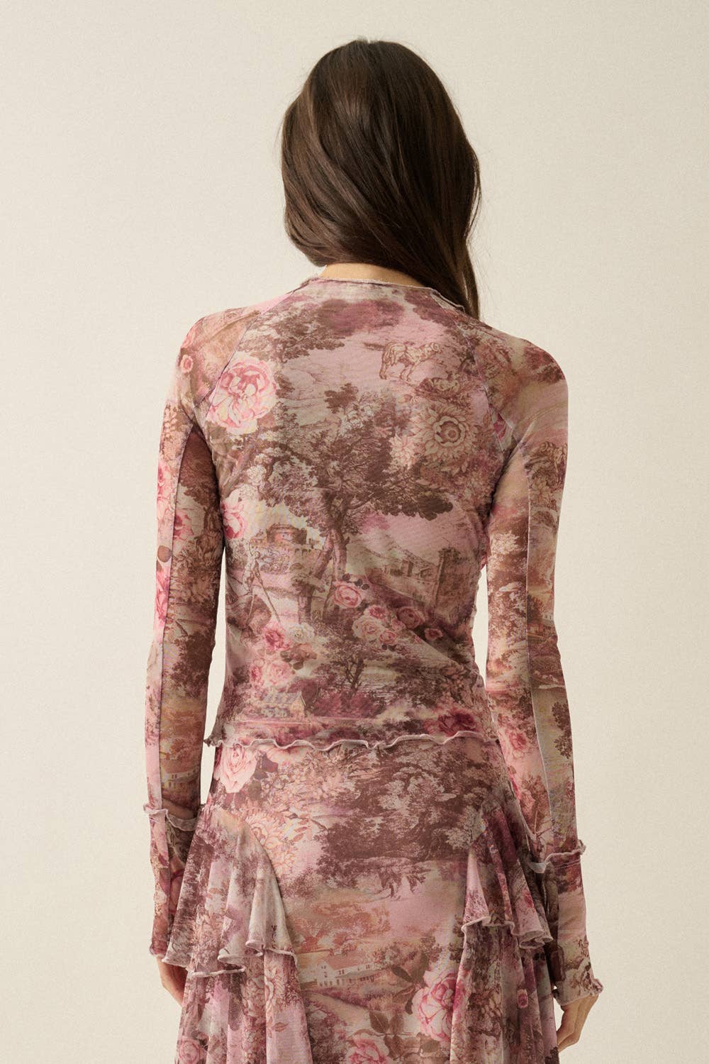 Floral-Print Mesh Round-Neck Long-Sleeve Thumbhole Top