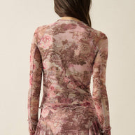 Floral-Print Mesh Round-Neck Long-Sleeve Thumbhole Top