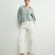 DENIM EMBROIDERY VOLUME SLEEVE BLOUSE TOP