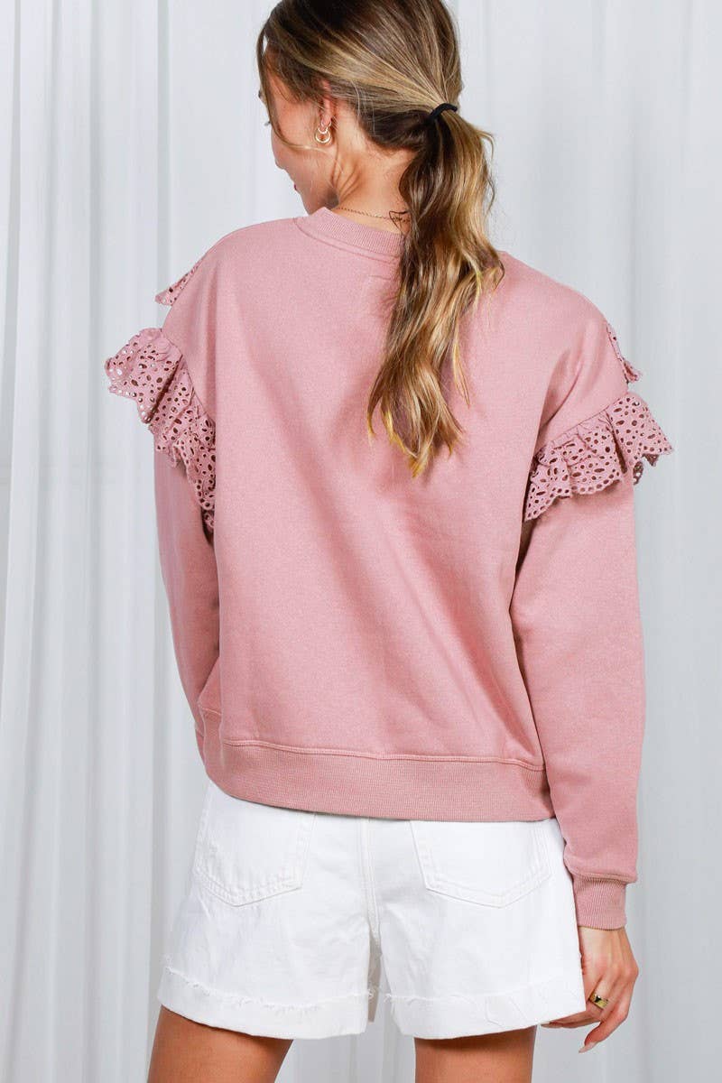 Eyelet Lace Trim Crew Neck Sweatshirt-Love