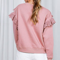 Eyelet Lace Trim Crew Neck Sweatshirt-Love