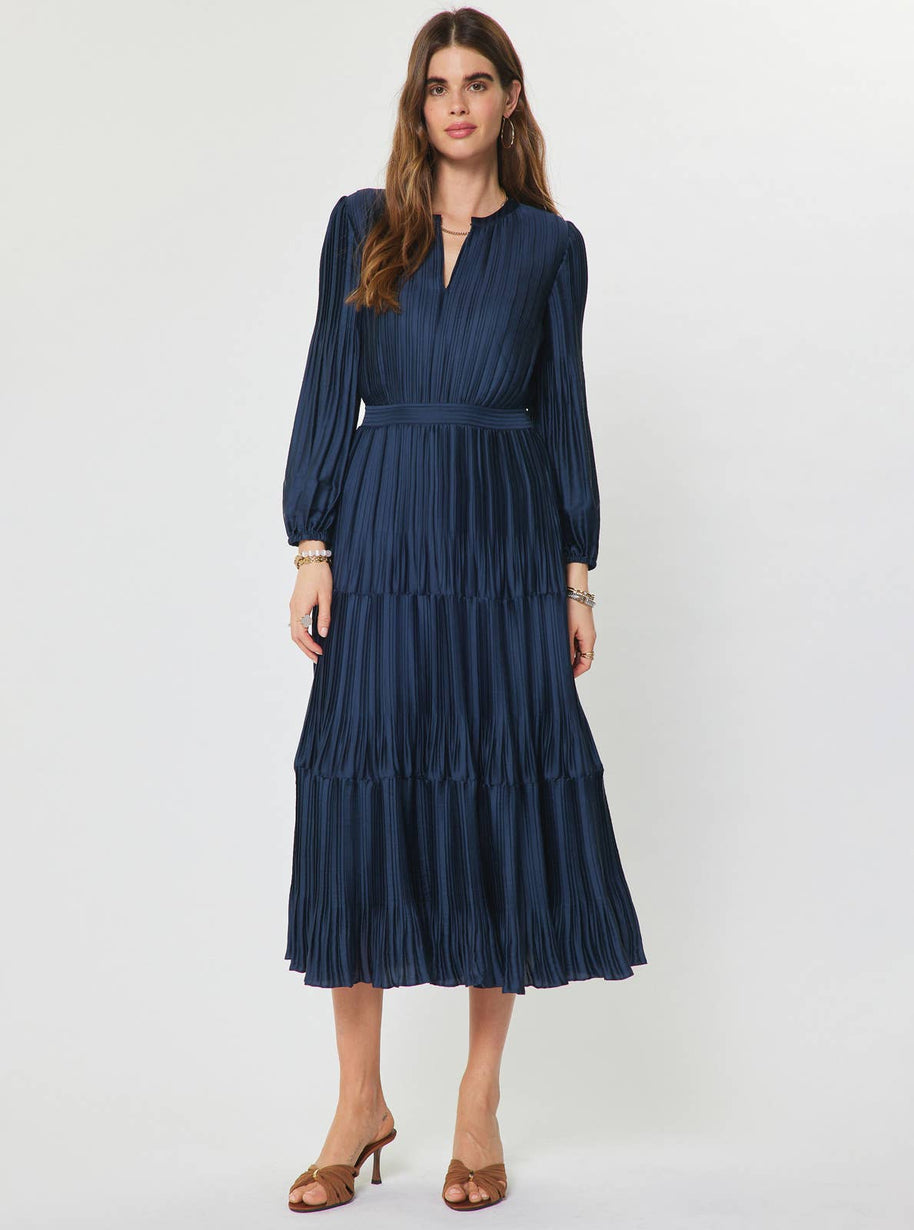 Pleated Long Sleeve Maxi Dress Navy XS