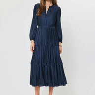 Pleated Long Sleeve Maxi Dress Navy XS