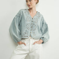 DENIM EMBROIDERY VOLUME SLEEVE BLOUSE TOP