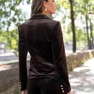 Double-breasted velvet blazer with gold buttons