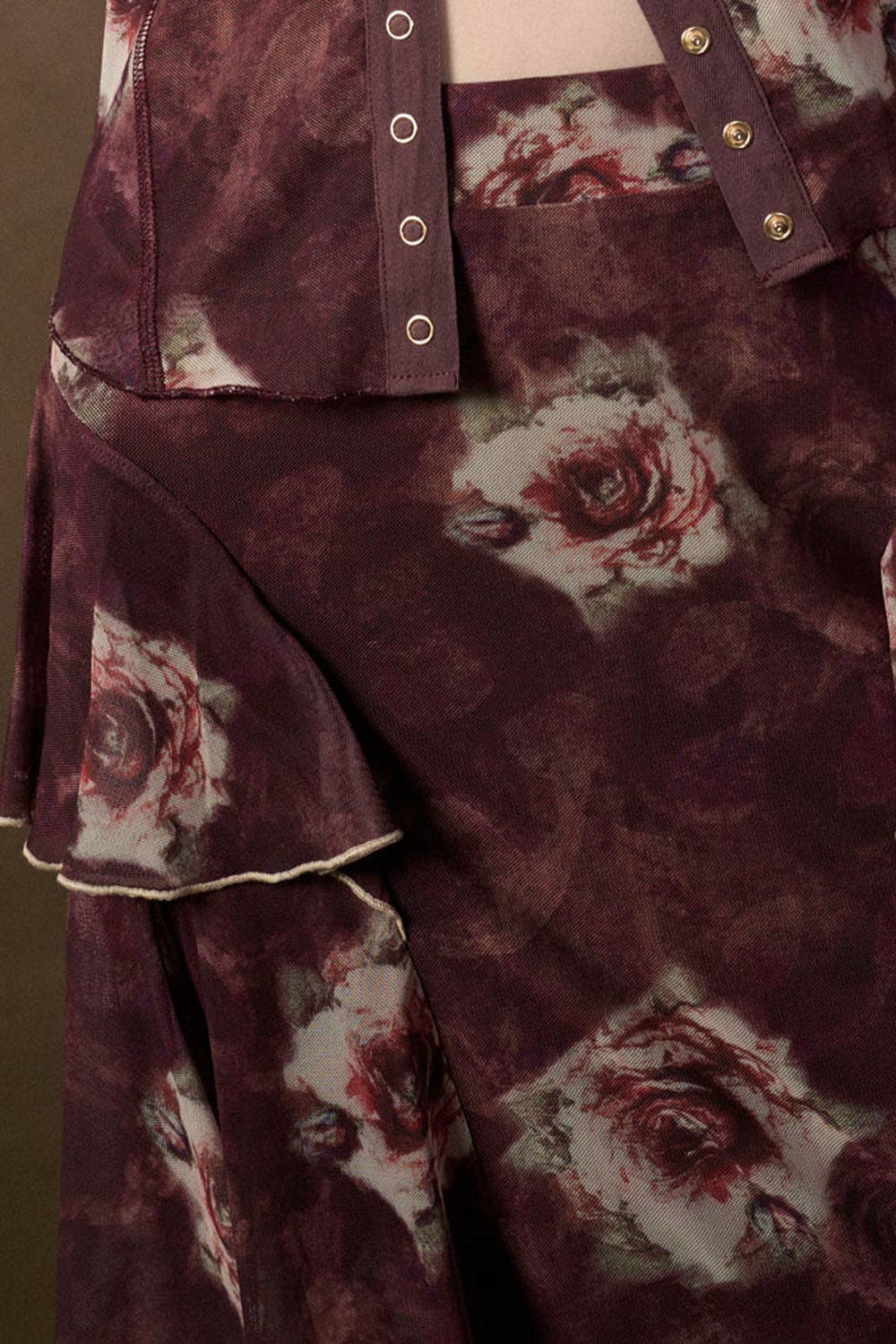 Floral-Print Mesh Side-Ruffle Tiered Maxi Skirt
