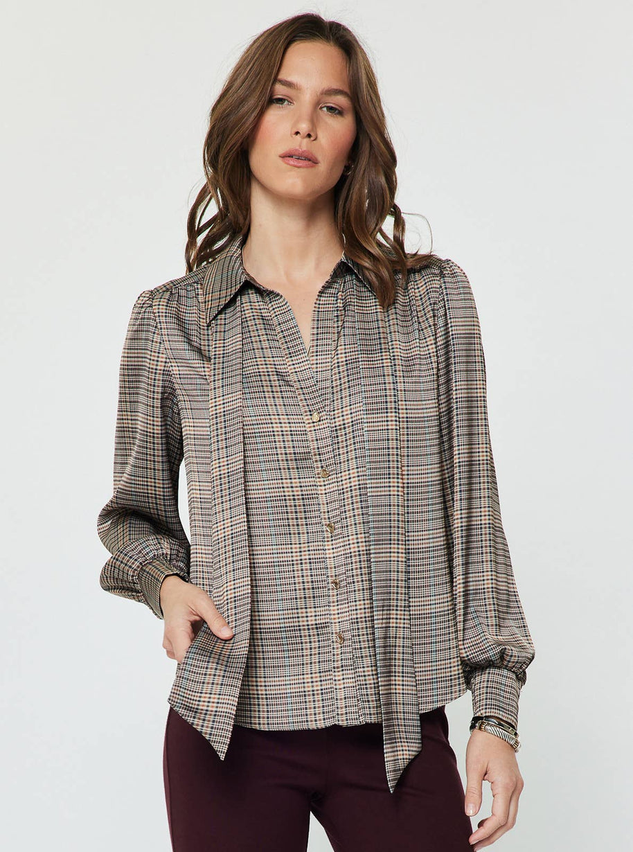 Plaid Button Down Blouse W/ Tie