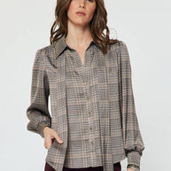Plaid Button Down Blouse W/ Tie
