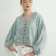 DENIM EMBROIDERY VOLUME SLEEVE BLOUSE TOP