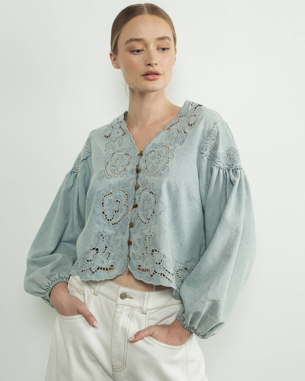 DENIM EMBROIDERY VOLUME SLEEVE BLOUSE TOP
