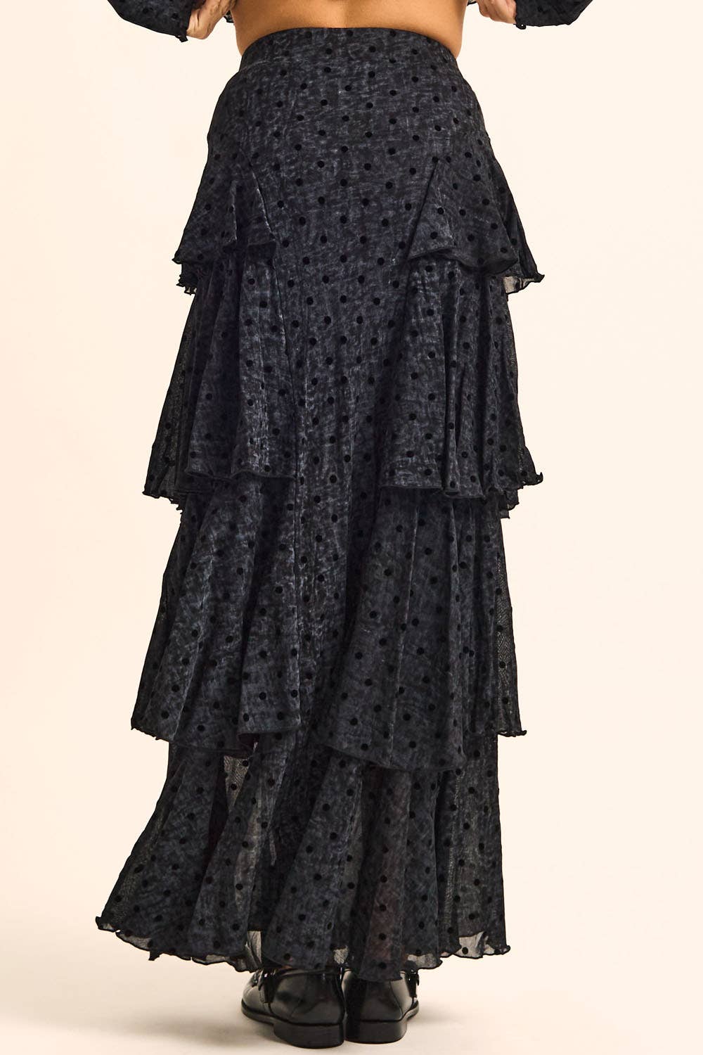 Flocked Polka Dot Mesh Tiered Ruffle Cascade Maxi Skirt