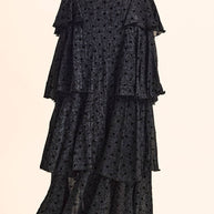 Flocked Polka Dot Mesh Tiered Ruffle Cascade Maxi Skirt