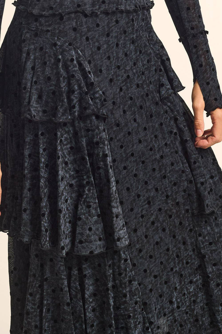 Flocked Polka Dot Mesh Tiered Ruffle Cascade Maxi Skirt