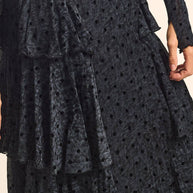Flocked Polka Dot Mesh Tiered Ruffle Cascade Maxi Skirt