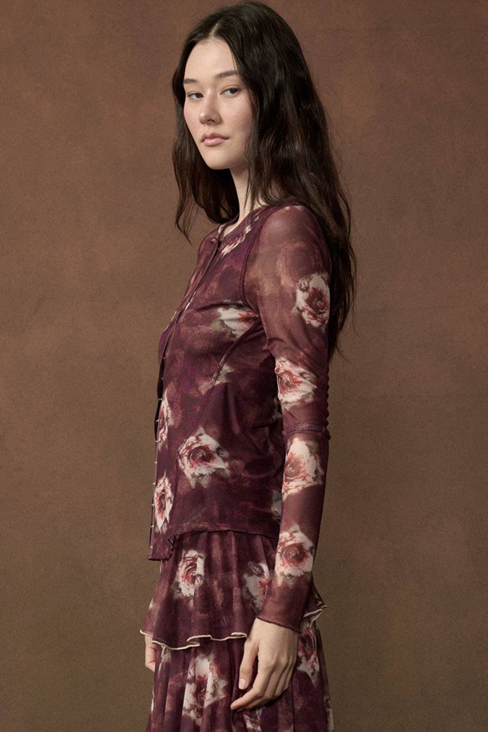 Floral-Print Long-Sleeve Snap-Front Mesh Top