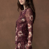 Floral-Print Long-Sleeve Snap-Front Mesh Top