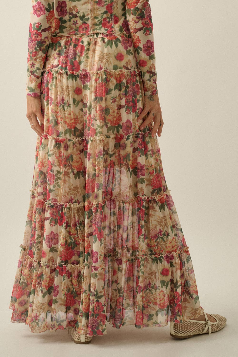 Floral-Print Mesh Tiered Ruffle Circle Maxi Skirt