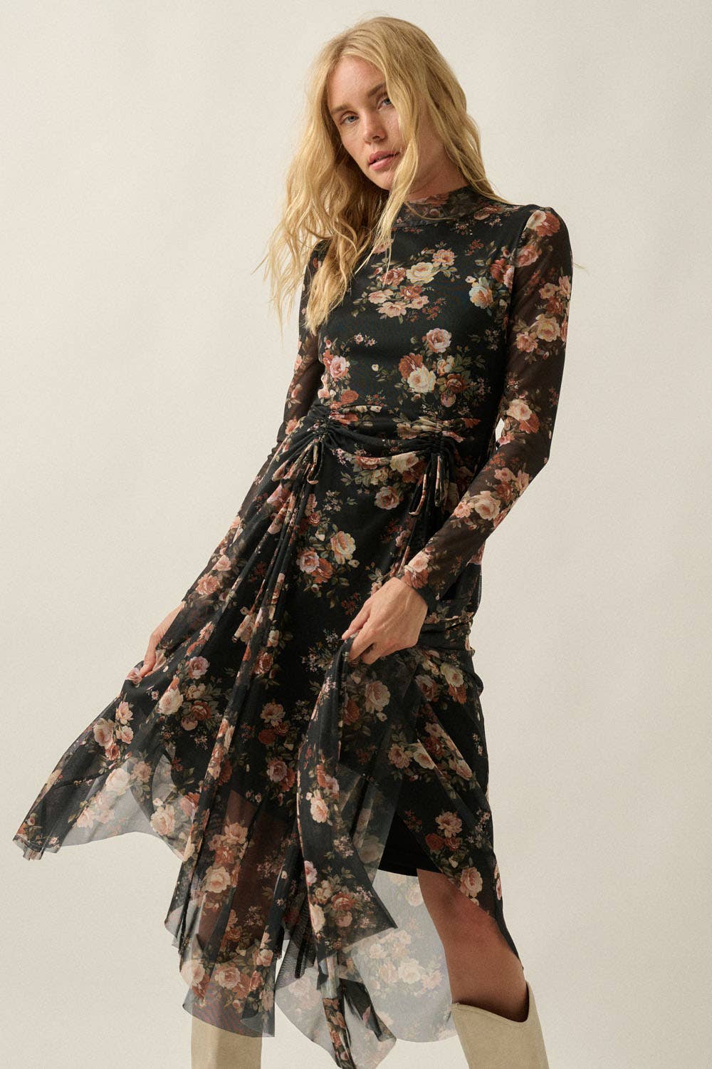 Floral-Print Mesh Long-Sleeve Drawstring-Skirt Maxi Dress
