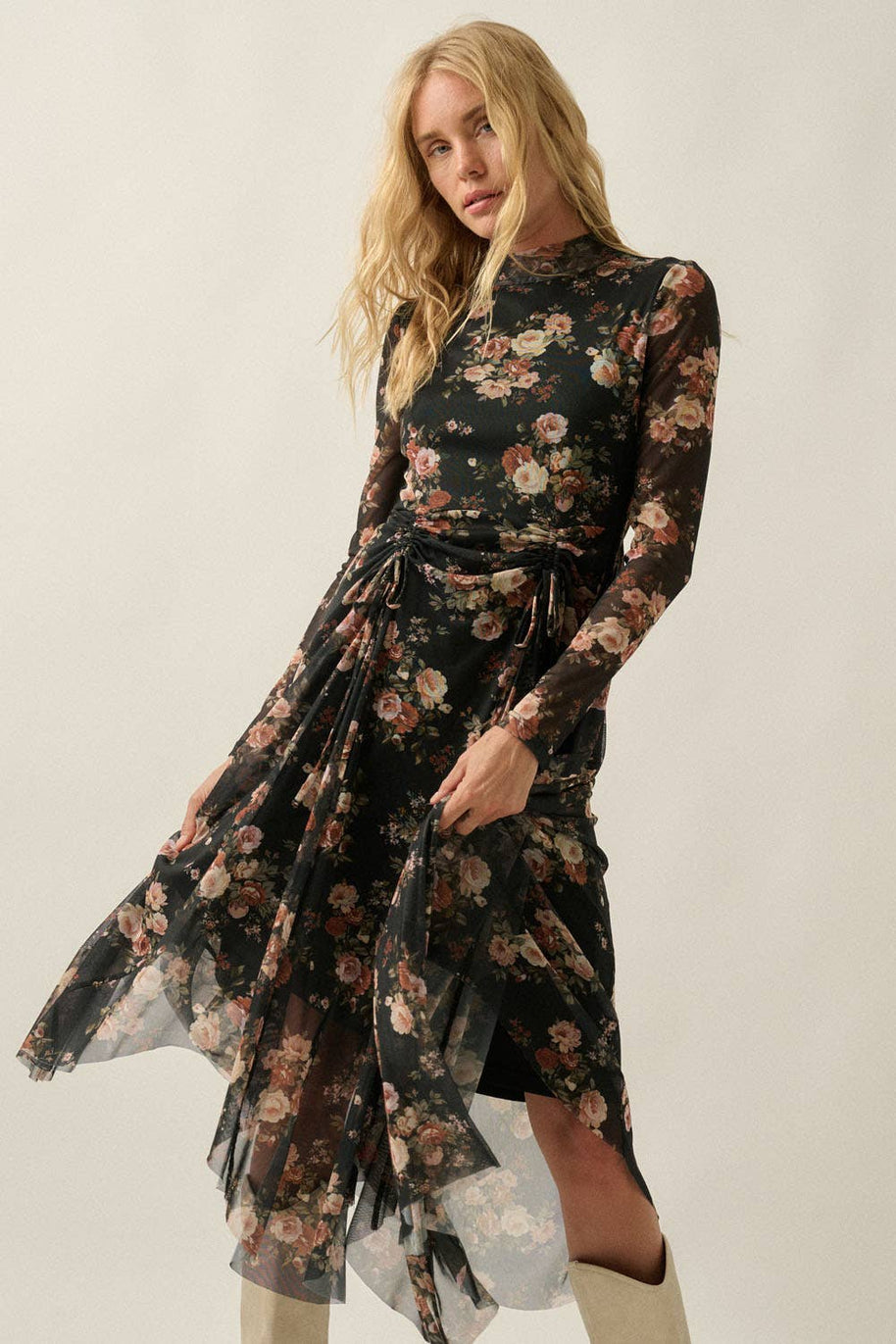 Floral-Print Mesh Long-Sleeve Drawstring-Skirt Maxi Dress