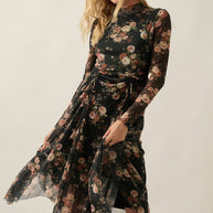 Floral-Print Mesh Long-Sleeve Drawstring-Skirt Maxi Dress