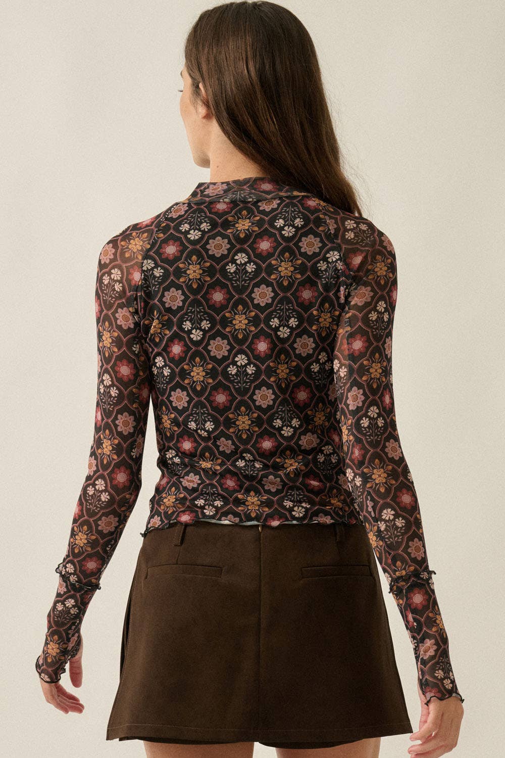 Floral Mesh Mock-Neck Raglan Thumbhole Fitted Top