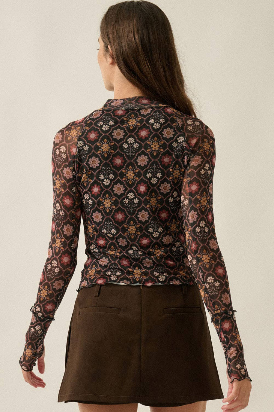 Floral Mesh Mock-Neck Raglan Thumbhole Fitted Top