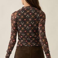 Floral Mesh Mock-Neck Raglan Thumbhole Fitted Top