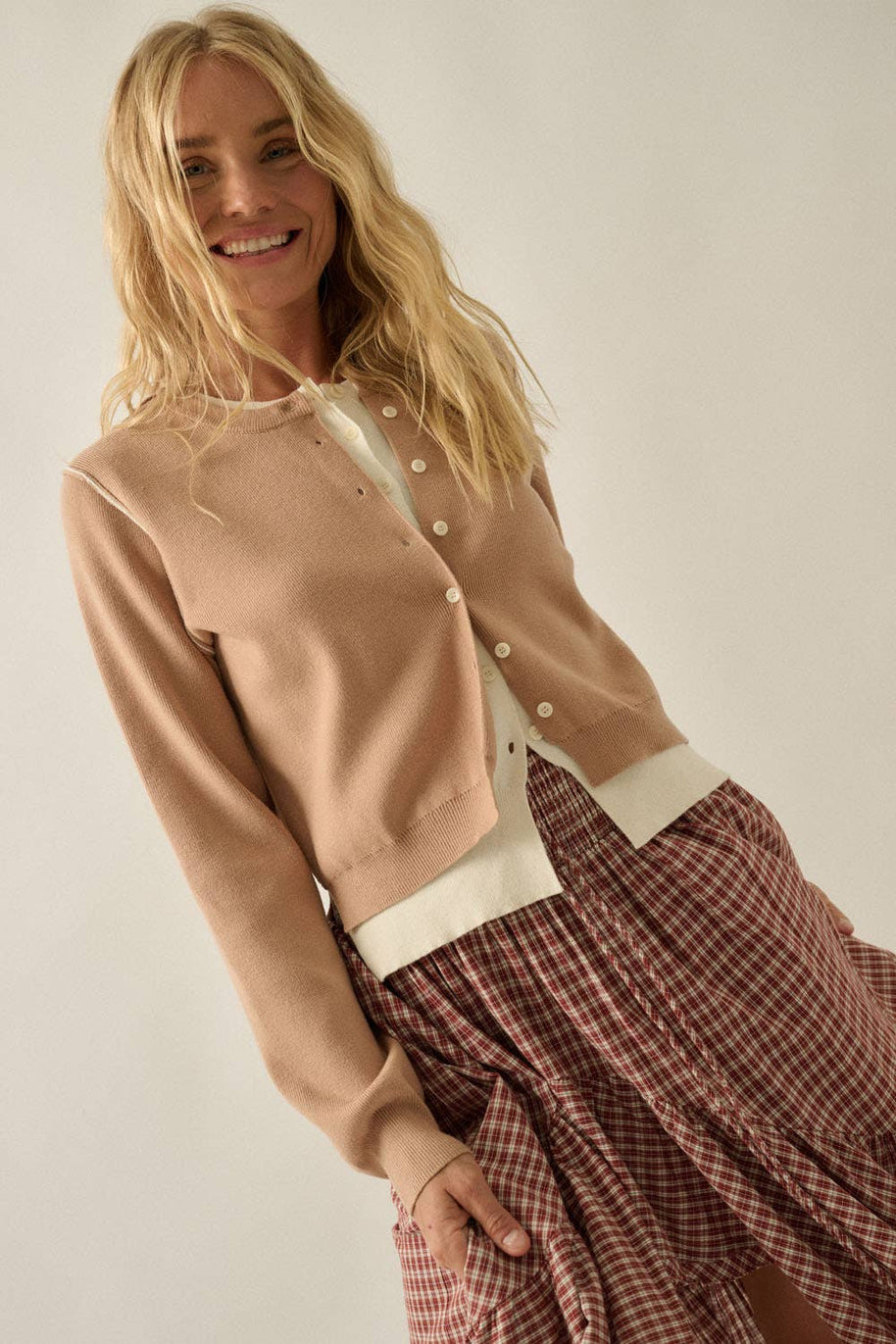 Solid Knit Two-Tone Round-Neck Button-Front Layered Cardigan
