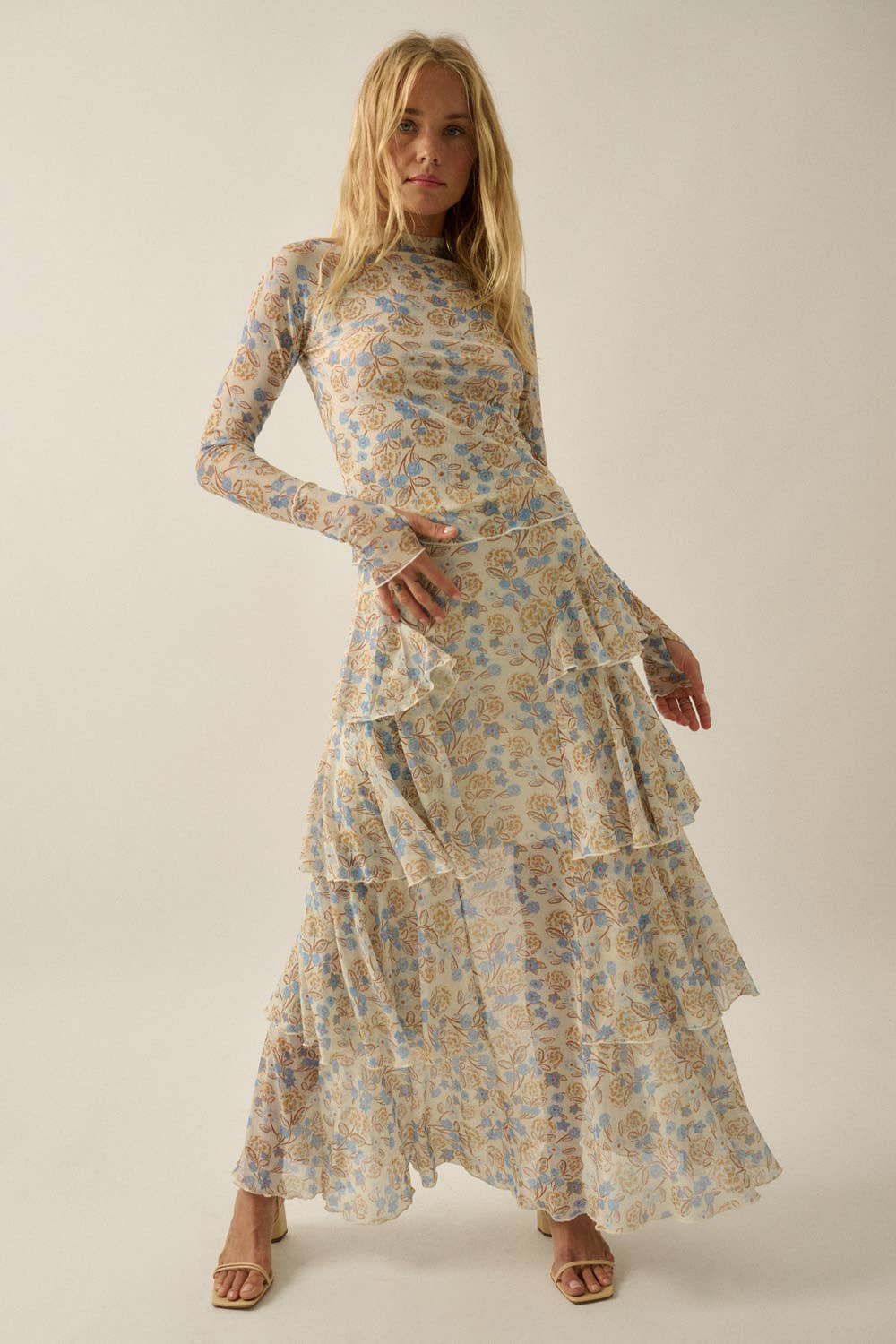 Floral Mesh Side-Ruffle Tiered Maxi Skirt