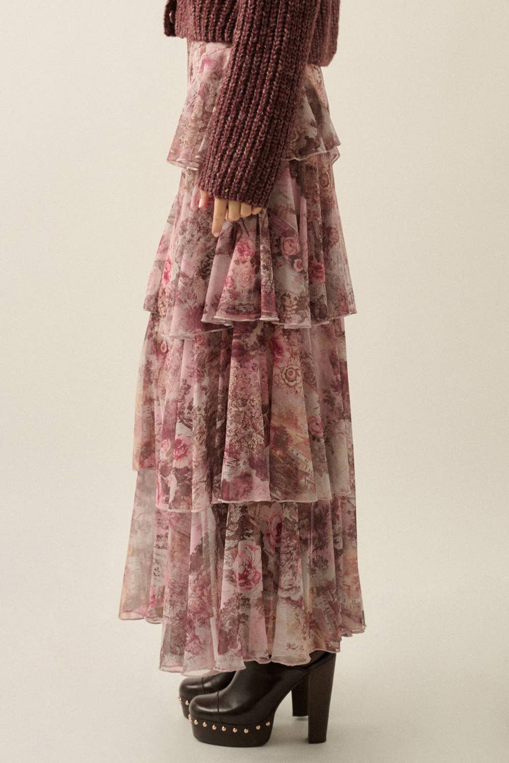 Floral-Print Mesh High-Waist Tiered Side-Ruffle Maxi Skirt