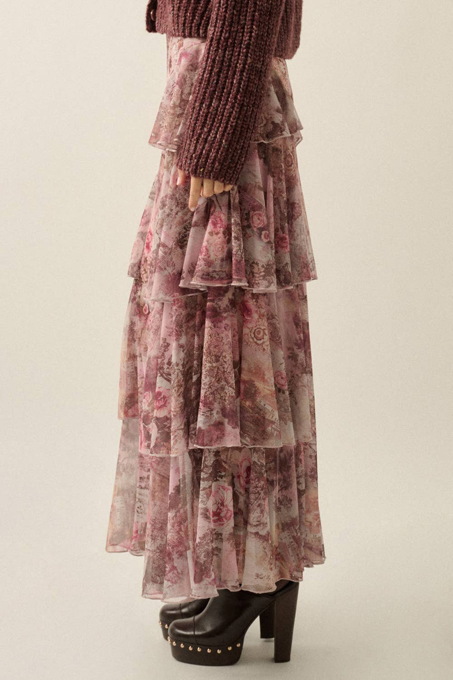 Floral-Print Mesh High-Waist Tiered Side-Ruffle Maxi Skirt